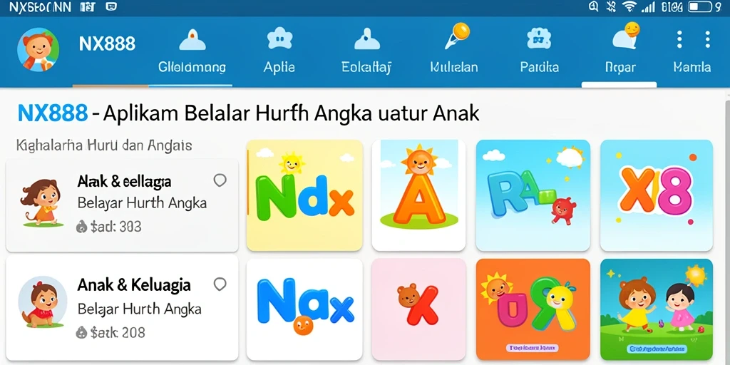 Antarmuka aplikasi NX888 untuk belajar huruf dan angka.